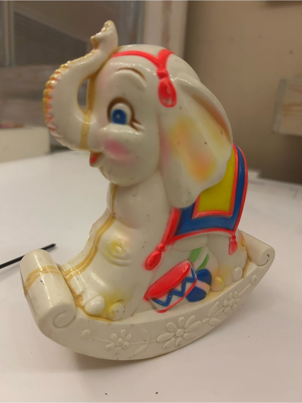 Vintage White Elephant Rocking Toy Figurine with Colorful Saddle - Picture 2 of 5
